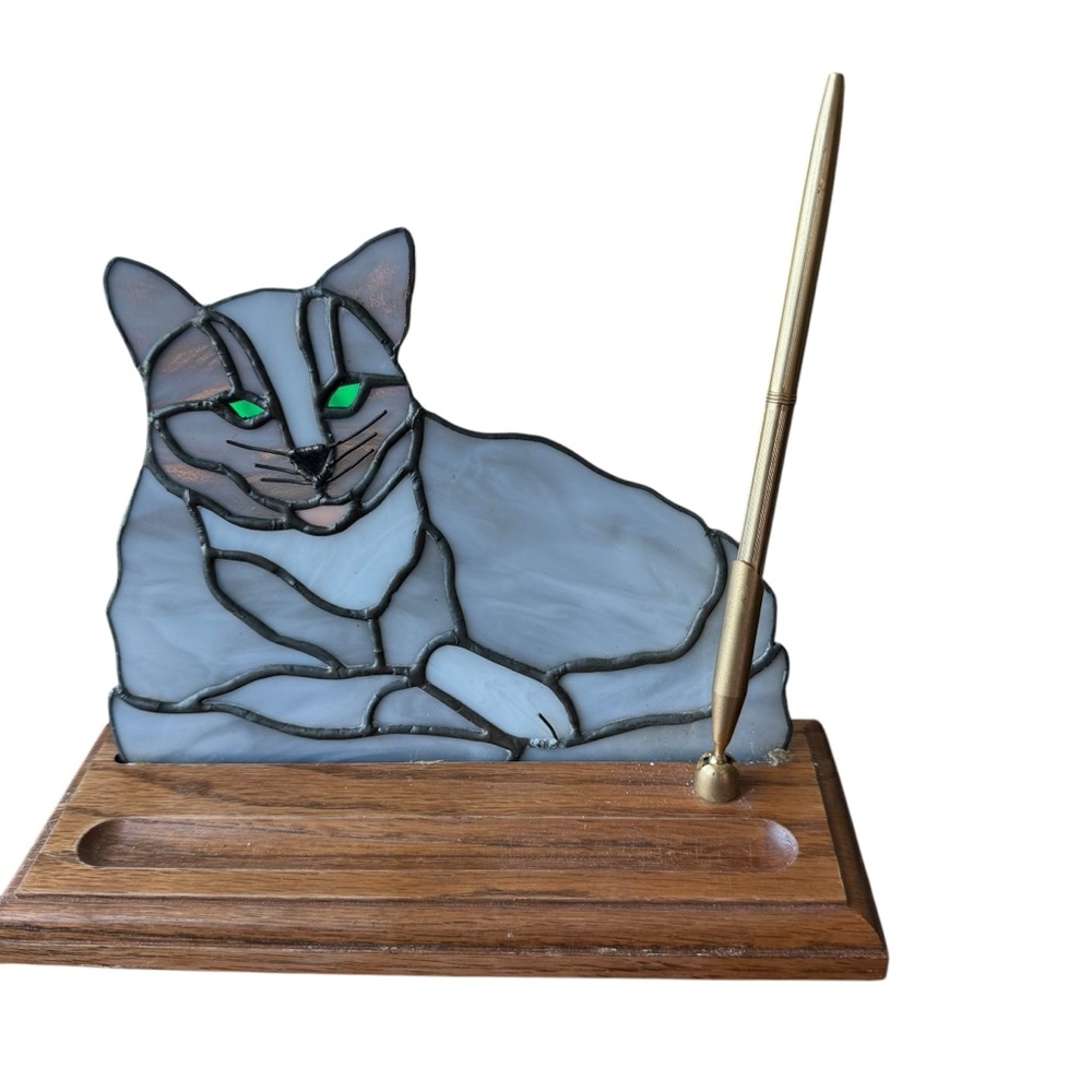 Stained Glass Cat Pen Holder - Gray and Gold